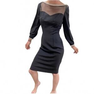 Vintage Mid-Century Black Crepe Sheath Dress Jeweled Illusion Neckline